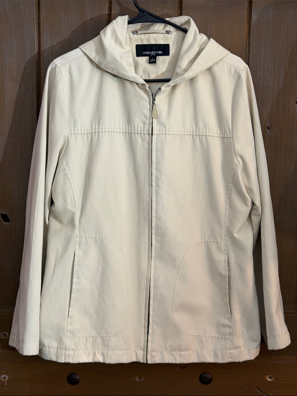 Jones New York Cream Hooded Zip-Up Utility Jacket size Large petite